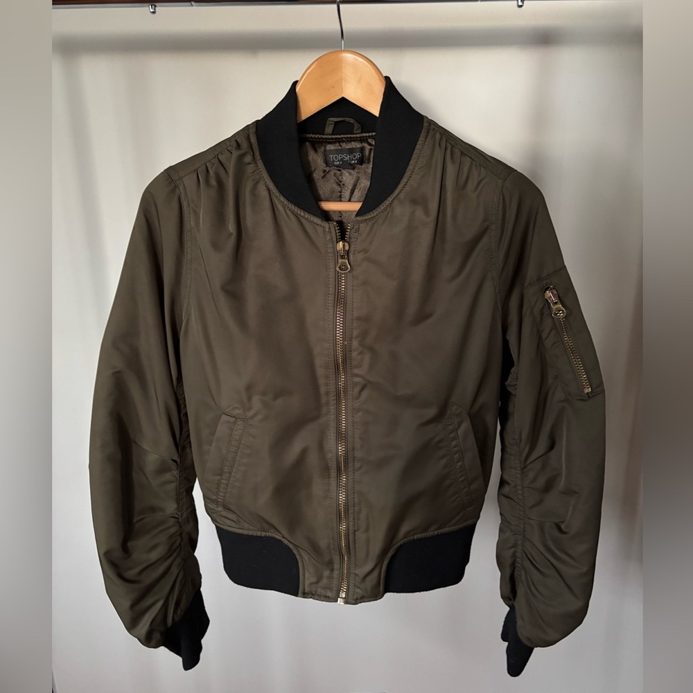 Topshop Bomber Jacker Olive & Black | Gold Hardware Zip